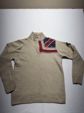 Lambretta Men's Cream Half-Zip Sweater with Red & Navy Accent Lambswool